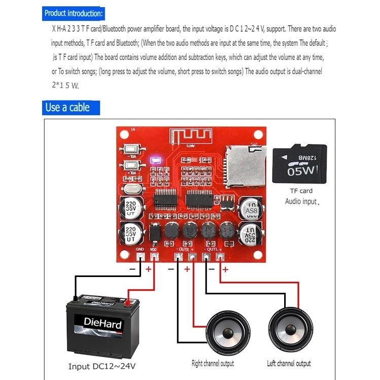 Mạch âm thanh XH-A233 2x 15W MP3 Bluetooth 4.2 DC12-24V Amplifier Board Dual Channel