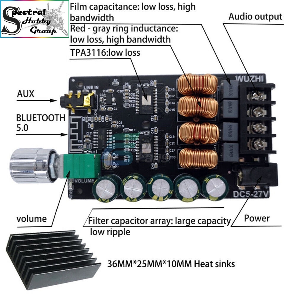 Mạch khuếch đại âm thanh Bluetooth 5.0 HIFI dual TPA3116D2 100W x2 High Power Digital Amplifier Stereo Board