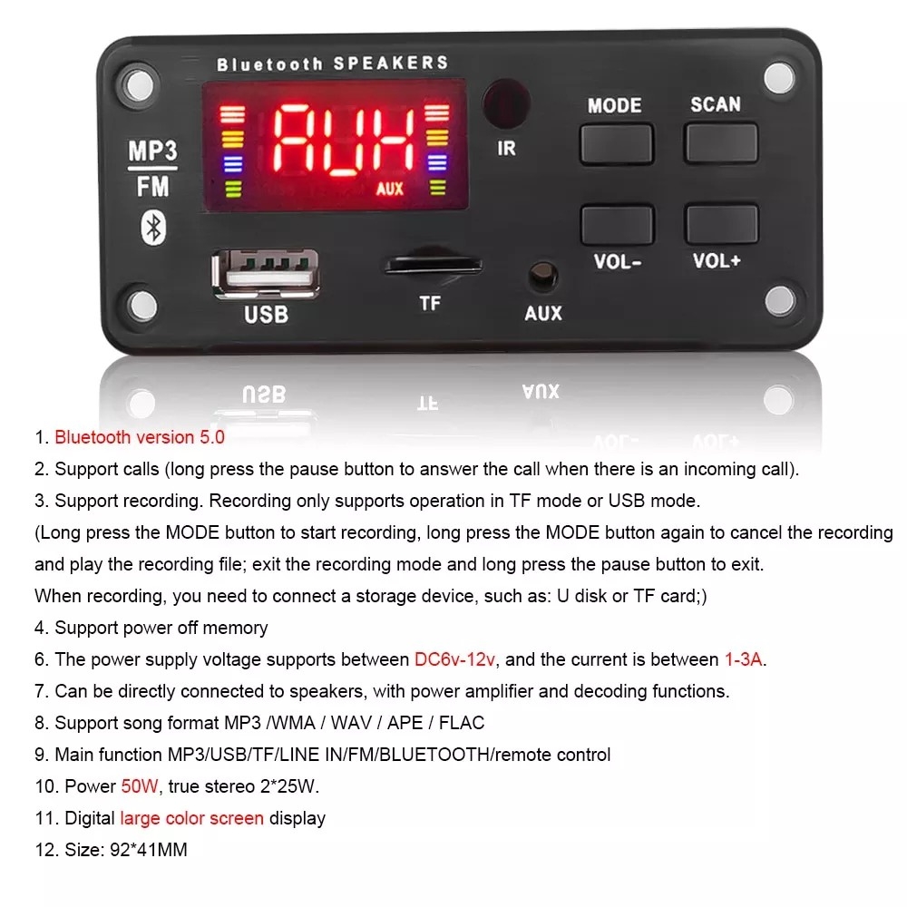 Mạch khuếch đại Giải Mã Âm Thanh Bluetooth 5.0 25W *2 Màn LCD 12V B2i Amplifier Bluetooth speaker