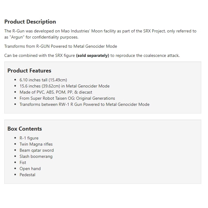 Mô hình RIOBOT RW-1 R-Gun Powered Super Robot Wars SRW OG Original Generations Action Figure