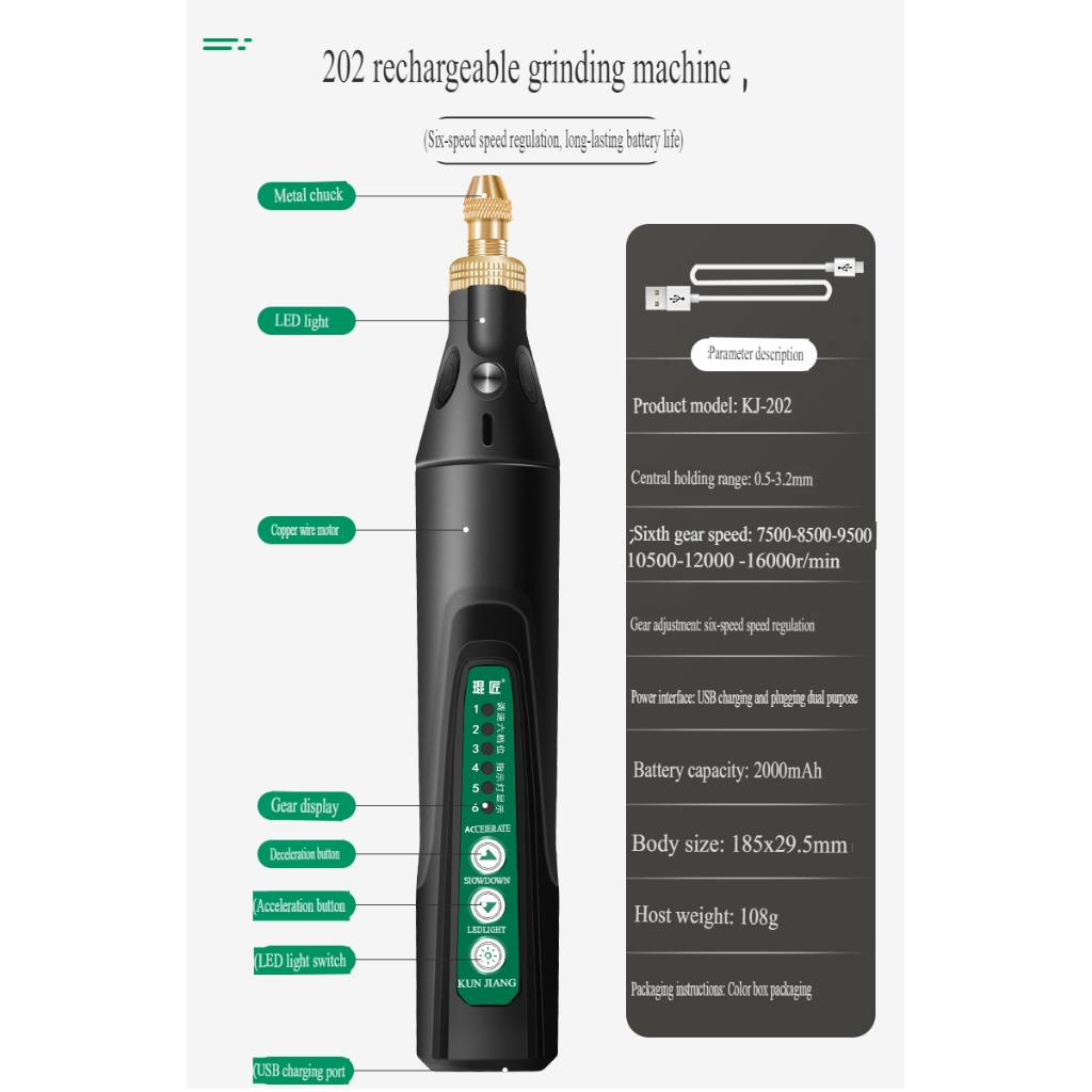 Máy khoan cắt mini KJ202 đa năng Electric grinder small hand-held drill 6 speed Led rechargable