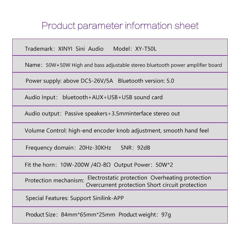 Mạch khuếch đại âm thanh Sinilink 50w*2 Bluetooth 5.0 XY-T50L Digital Audio Power Amplifier 2.0