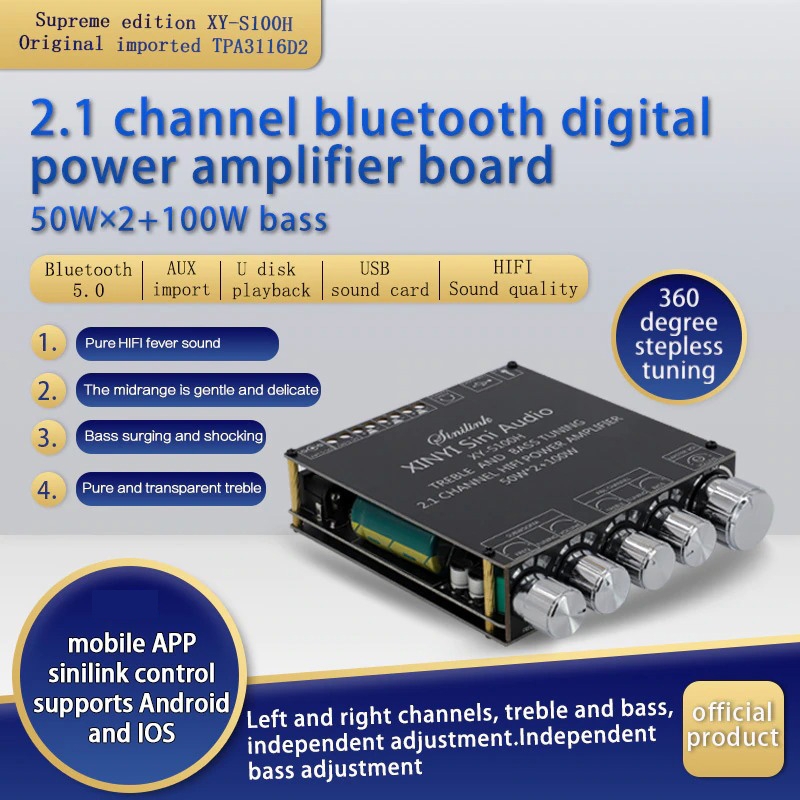 Mạch khuếch đại âm thanh Sinilink XY-S100H 50W*2+100W Audio Power Amplifier Board 2.1 Bluetooth 5.0