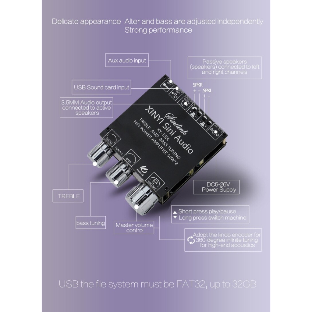 Mạch khuếch đại âm thanh Sinilink 50w*2 Bluetooth 5.0 XY-T50L Digital Audio Power Amplifier 2.0