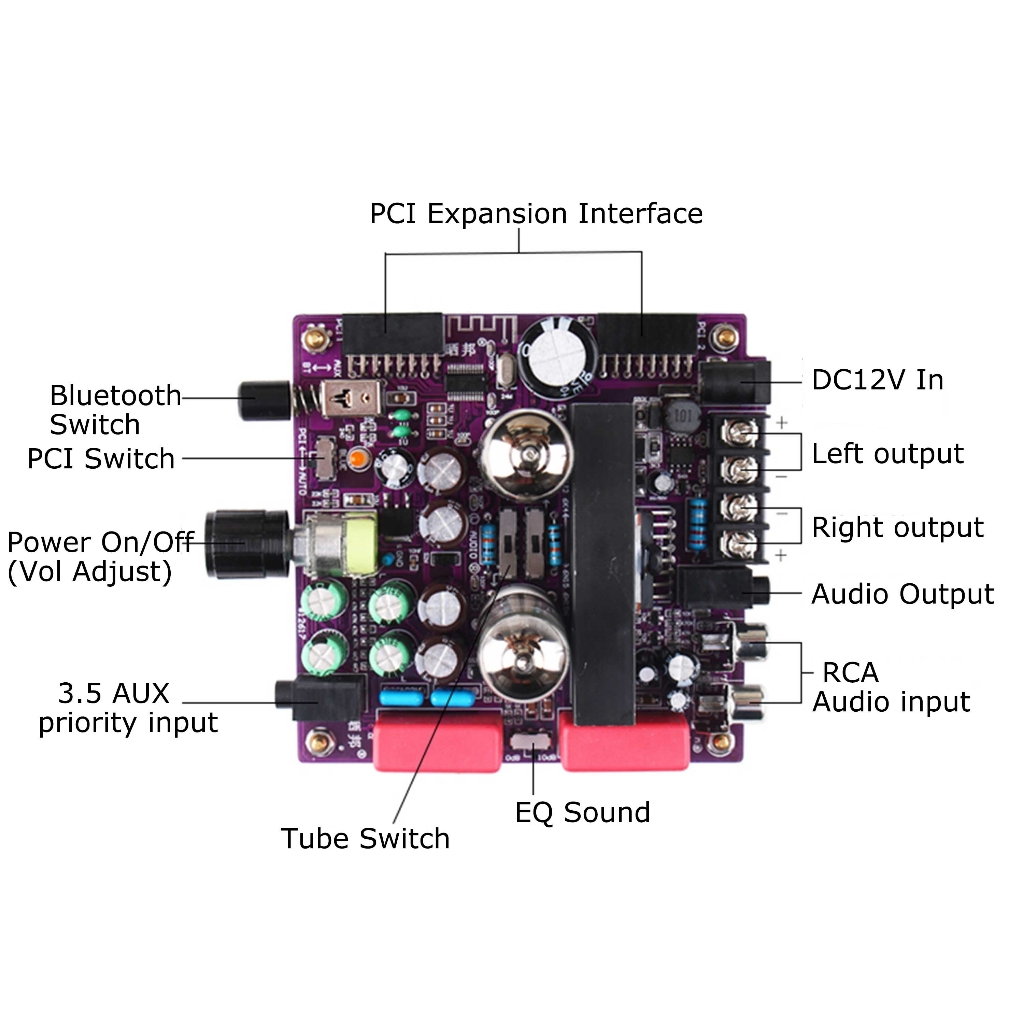 Khuếch đại âm thanh TDA7377 35W*2 Pre Amplifier 6N15 Tube Bluetooth 5.0 HIFI Preamp Power Loseless Decoding