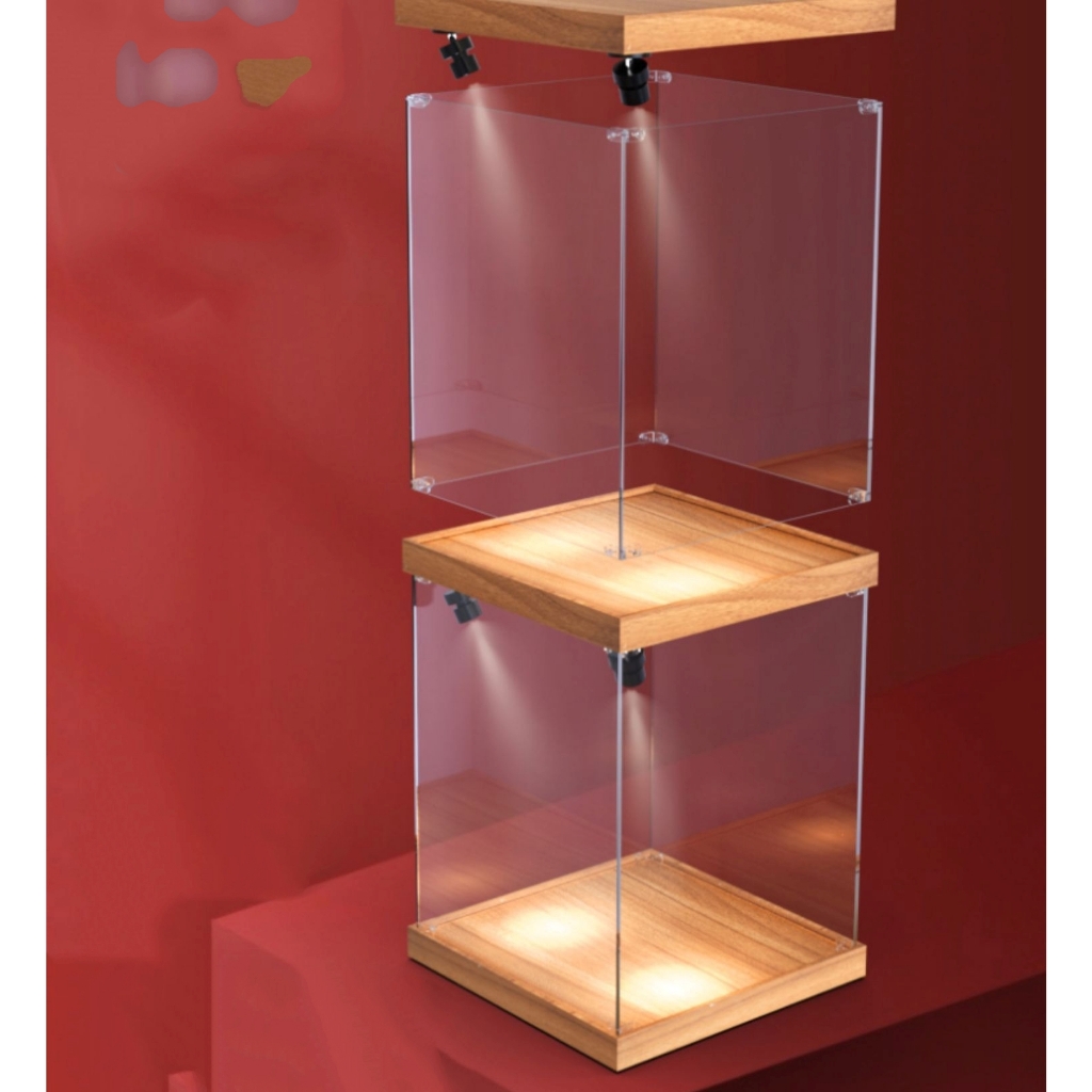 Hộp MICA Guweiti trưng bày mô hình display box kèm dải led trần vân gỗ - Black - White