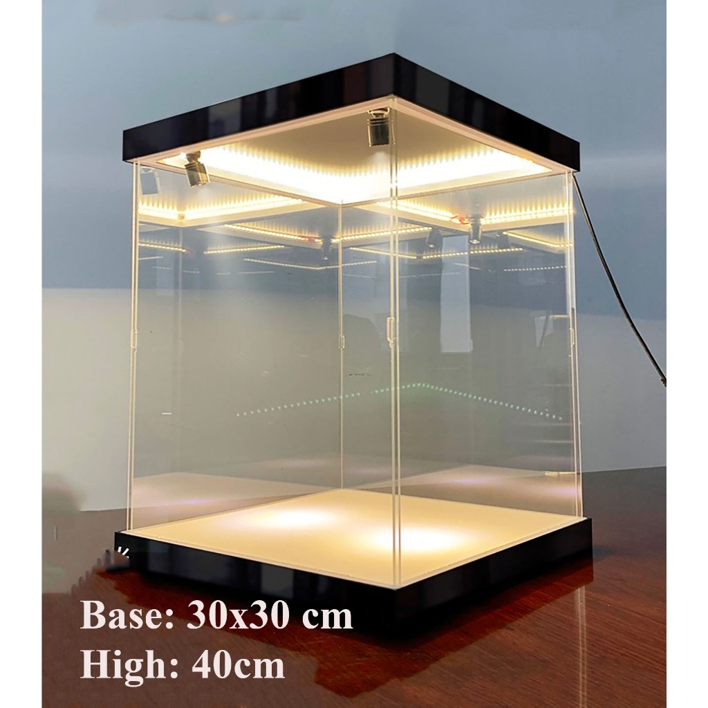 Hộp MICA Guweiti trưng bày mô hình display box kèm dải led trần vân gỗ - Black - White