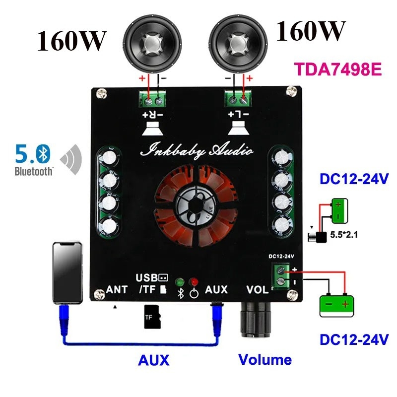 Mạch khuếch đại âm thanh TDA7498E hifi 2.0 kênh 2* 160W BTL220W Bluetooth 5.0 Audio Amplifier