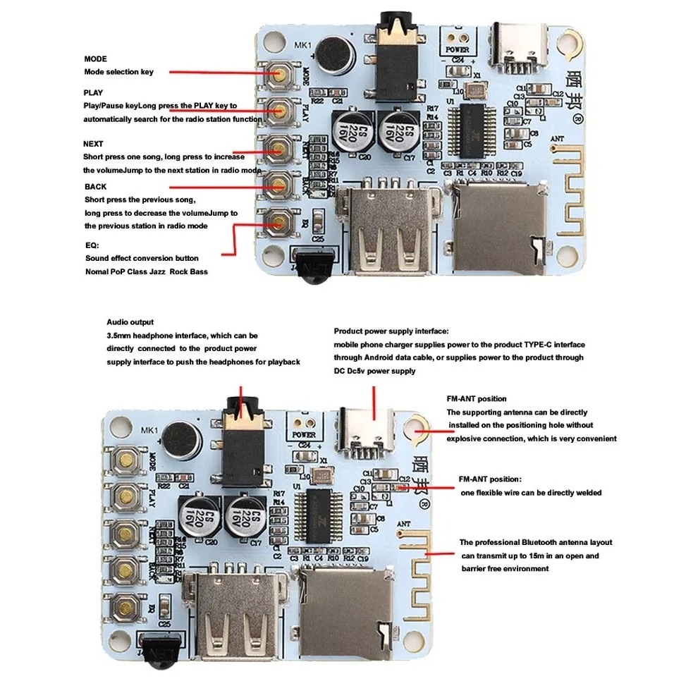 Mạch âm thanh MP3 player HiFi Bluetooth 5.0 Lossless Audio Receiver FM Radio TF USB Remore Amplifier
