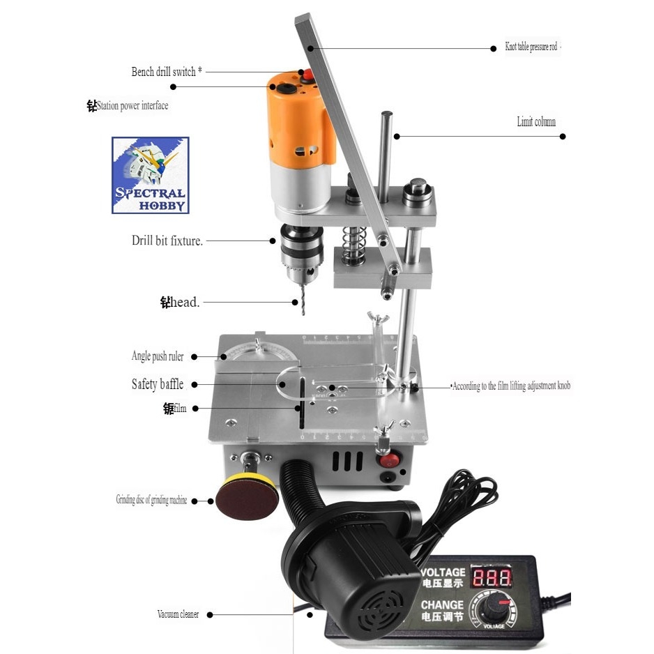 Máy cắt cưa mài khoan dọc mini đa năng table saw JM800 drill grinding sawing all-in-one machine DIY bench