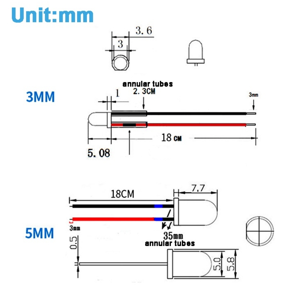 Bộ set 10 Bóng đèn led 3mm 5mm 3-12V DIY các màu - nhấp nháy flash light đấu sẵn dây 20cm