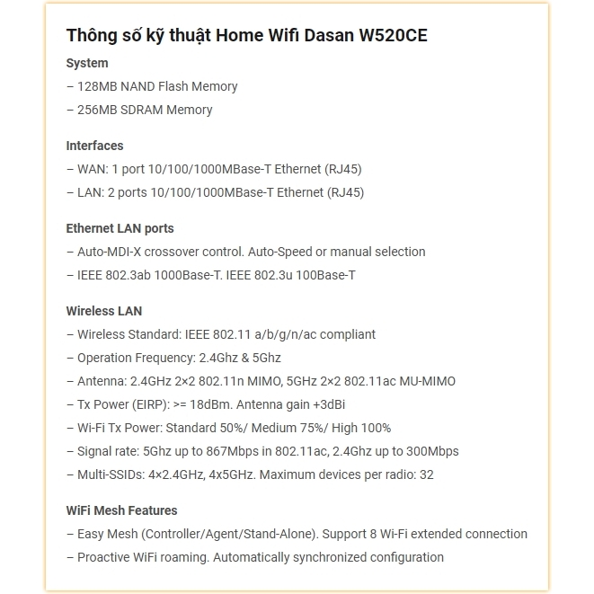 Bộ phát Home Wifi mesh Viettel Dasan W520ce 2 băng tần 2.4 - 5 Ghz Kích sóng, Repeater, Roaming