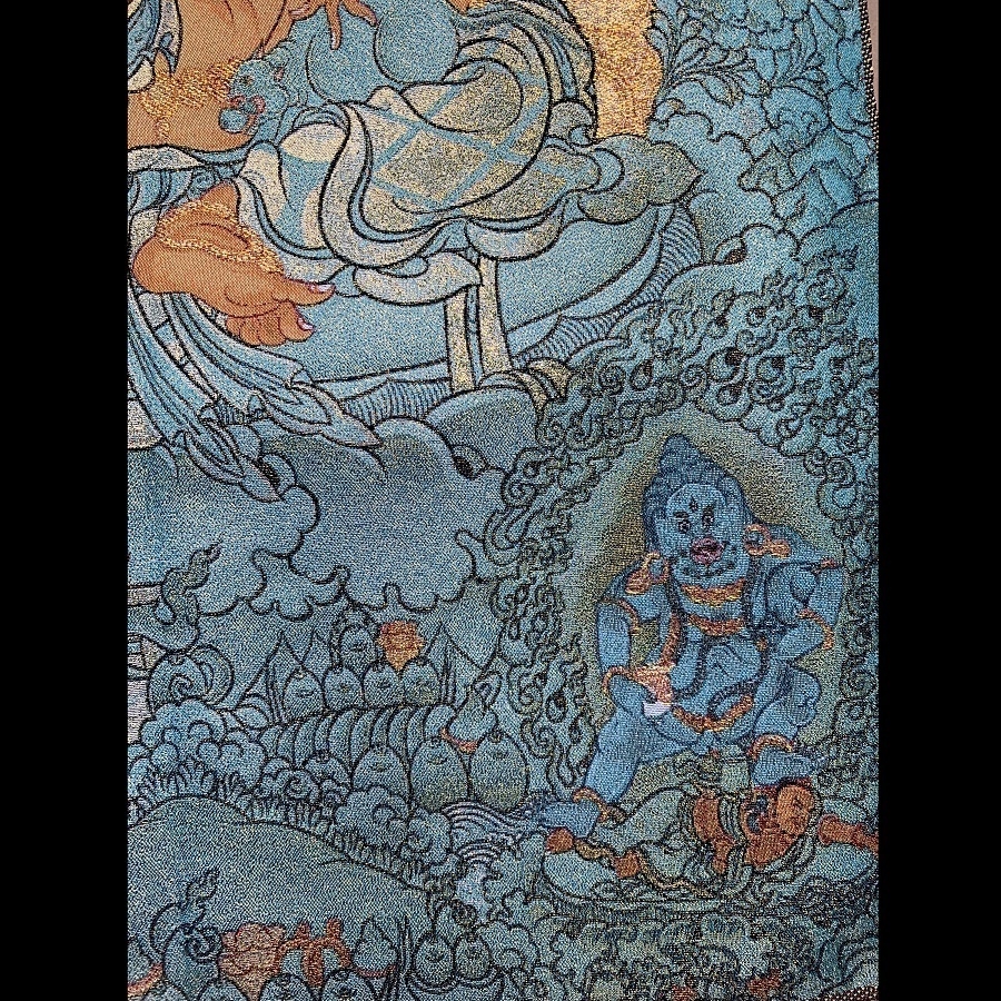 Tranh Thangka thêu Dzambala Hoàng Thần Tài
