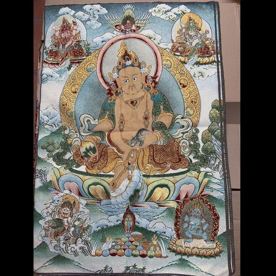 Tranh Thangka thêu Dzambala Hoàng Thần Tài