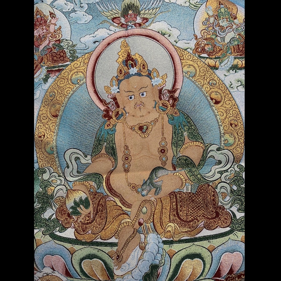 Tranh Thangka thêu Dzambala Hoàng Thần Tài