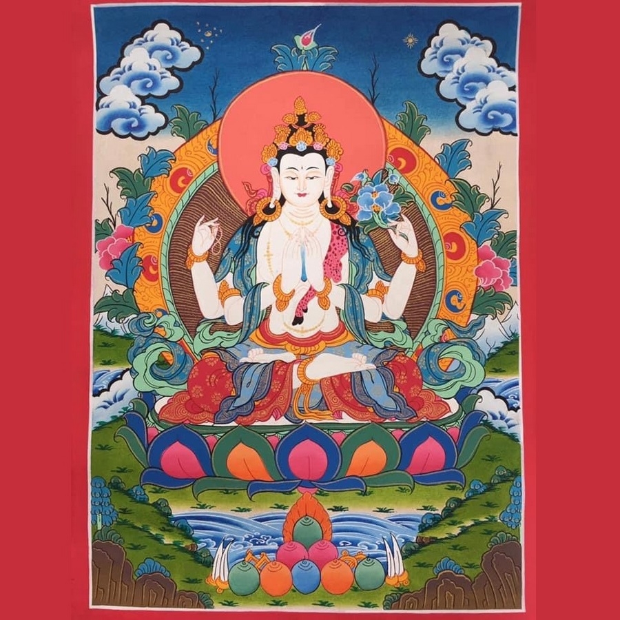 Tranh Thangka Quan Âm Tứ Thủ - Tranh Vẽ Tay