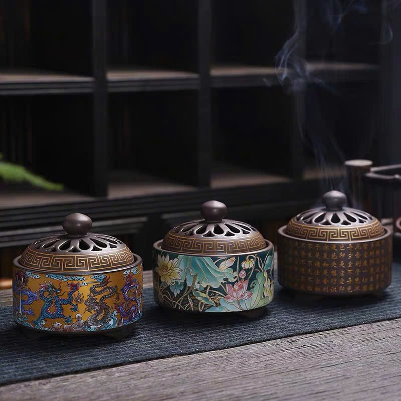 Lư trầm gốm vẽ men rồng và hoa sen