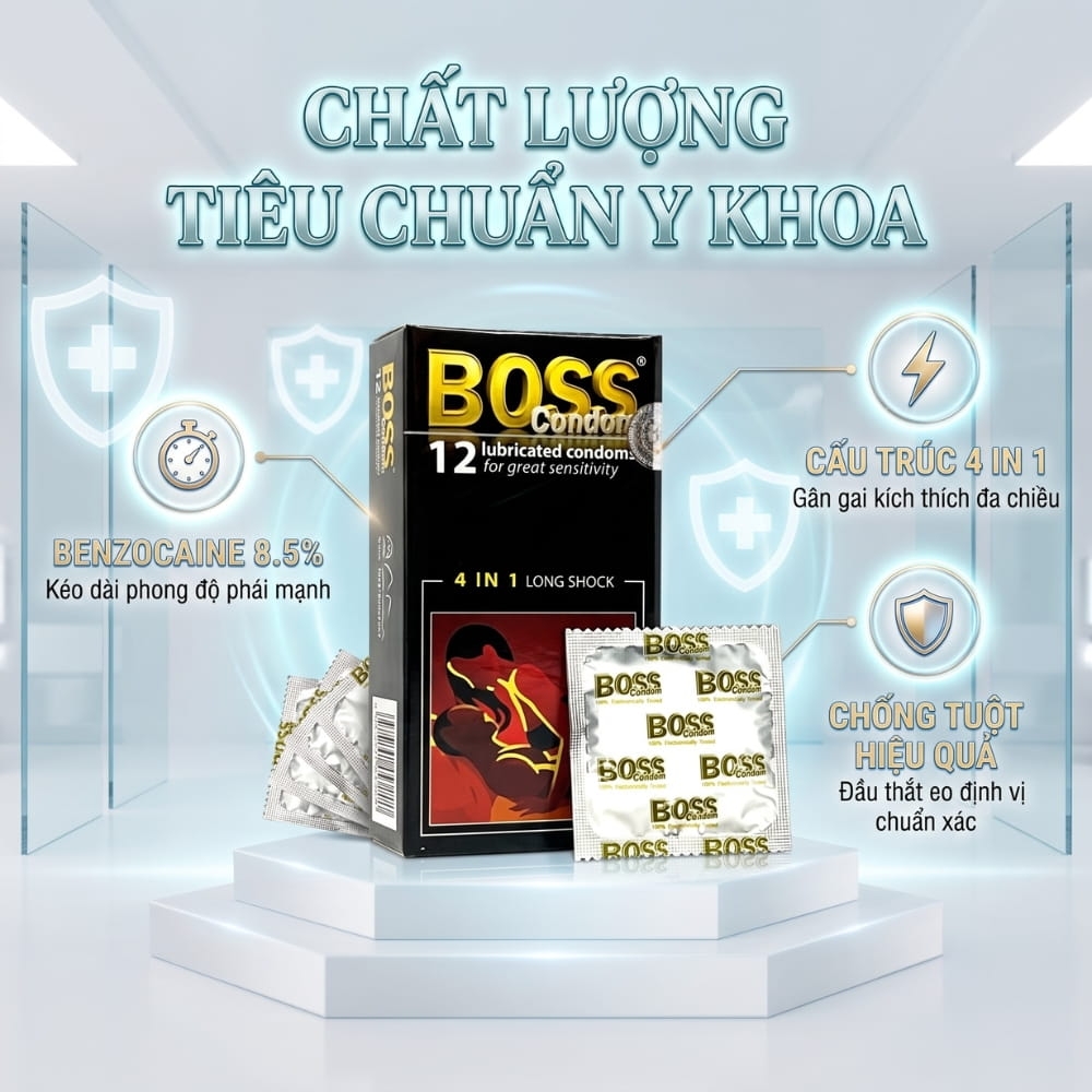 Bao cao su Boss 4 in 1 Long Shock kéo dài thời gian hộp 12 chiếc