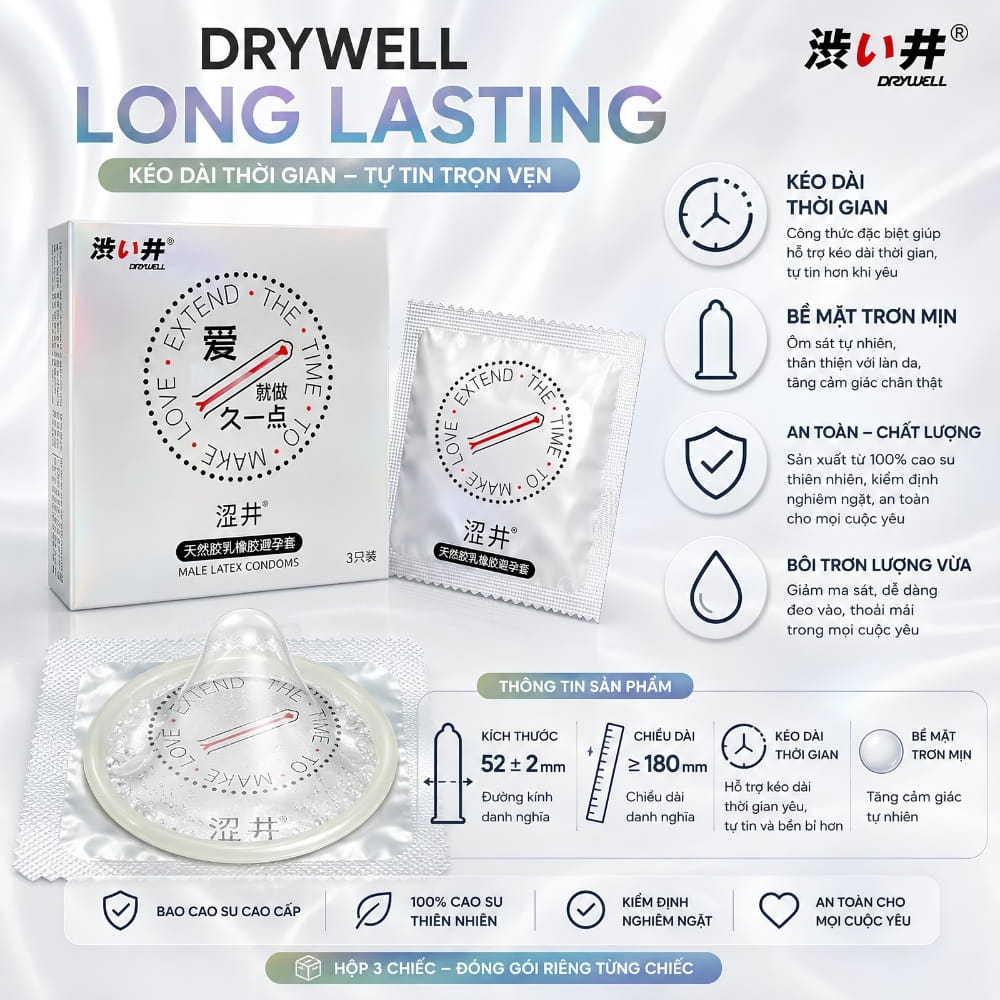 Bao cao su DryWell Long Lasting kéo dài thời gian hộp 3 chiếc