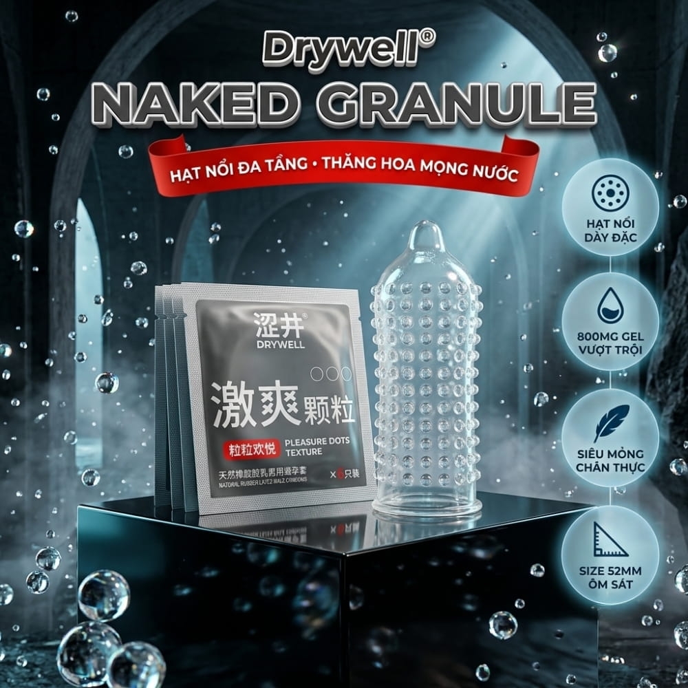 Bao cao su DryWell Naked Granule gân và điểm nổi hộp 6 chiếc