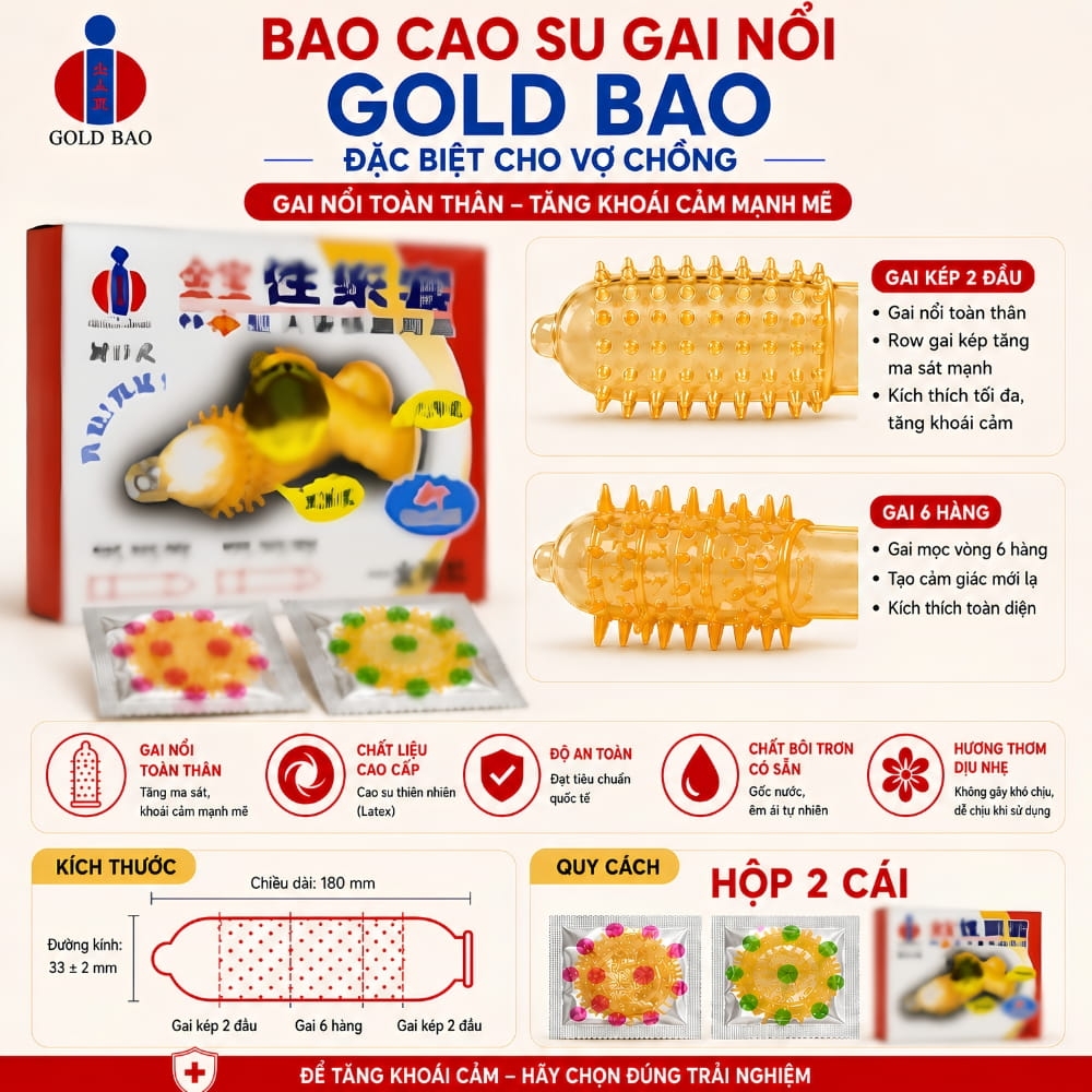 Bao cao su tăng khoái cảm Gold Gai hộp 2 chiếc
