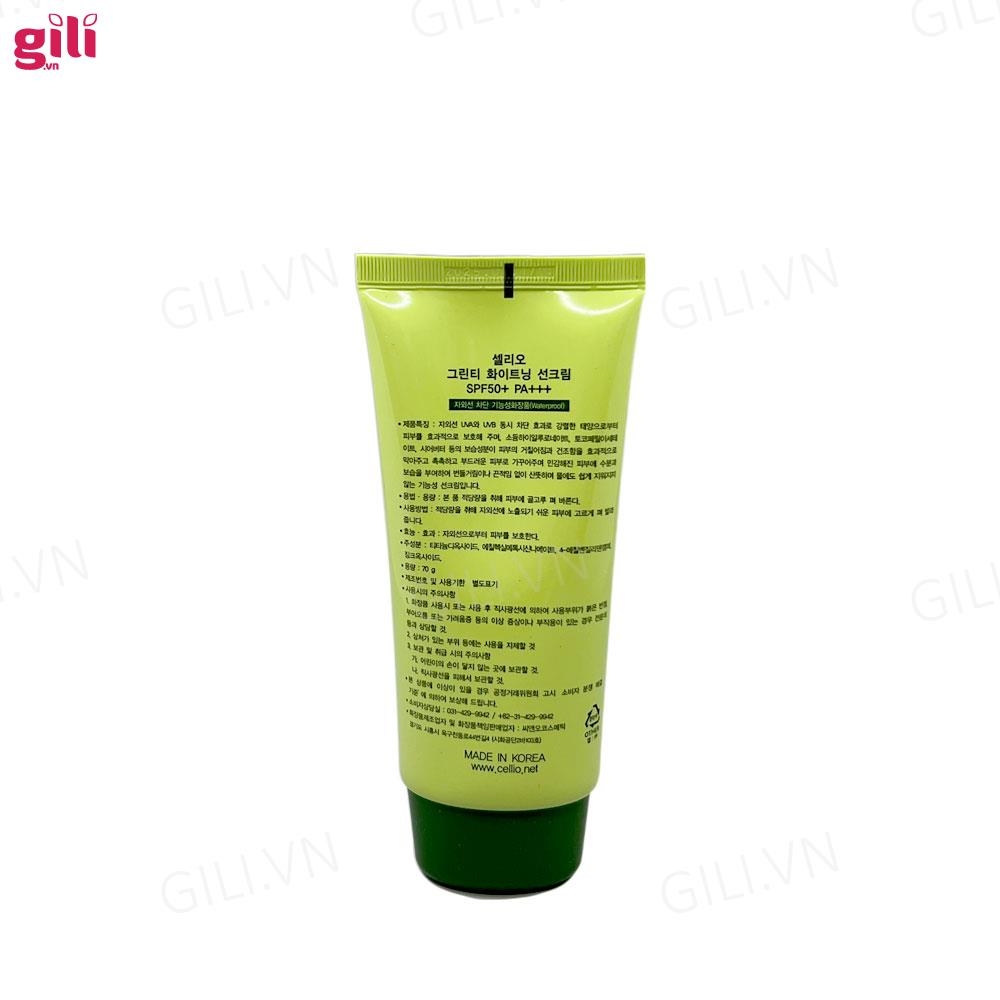 Kem chống nắng Cellio Green Tea Whitening Sun Cream 70gr chính hãng