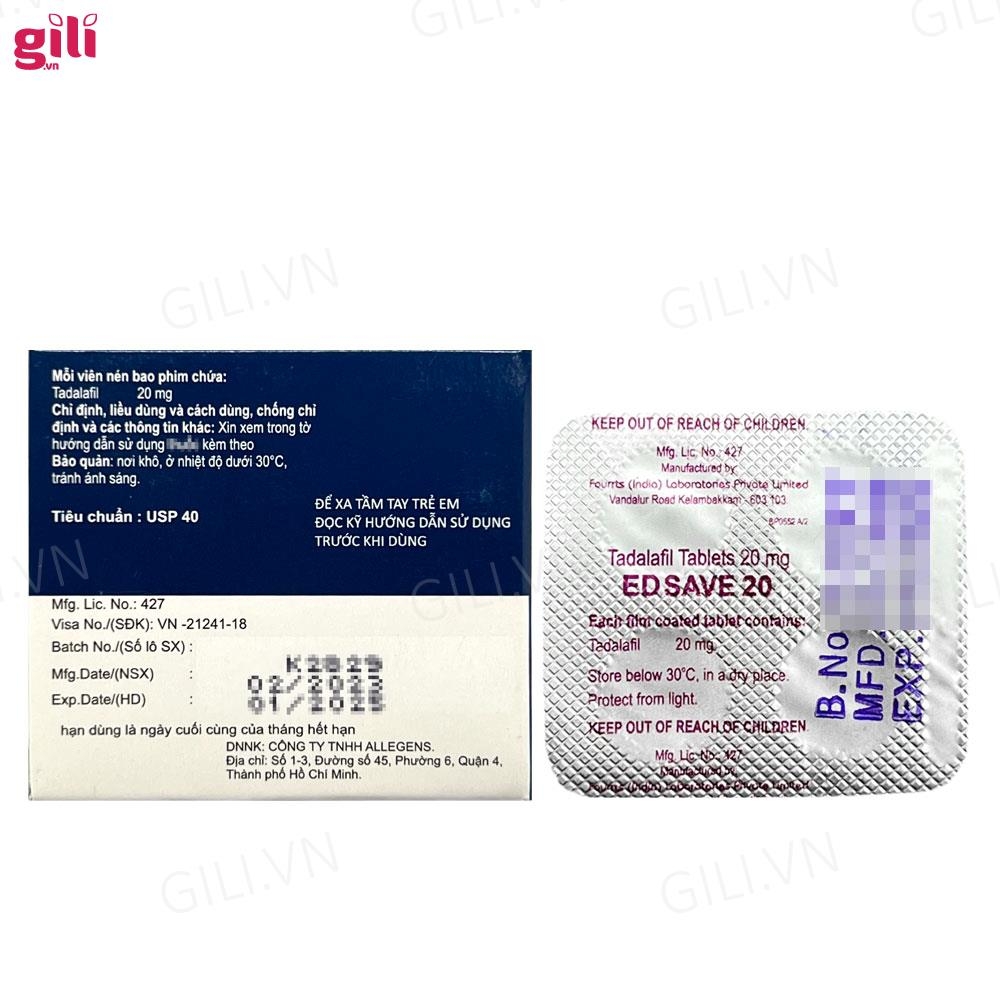 Tăng cường sinh lý nam Ed Save 20mg hộp 4 viên chính hãng