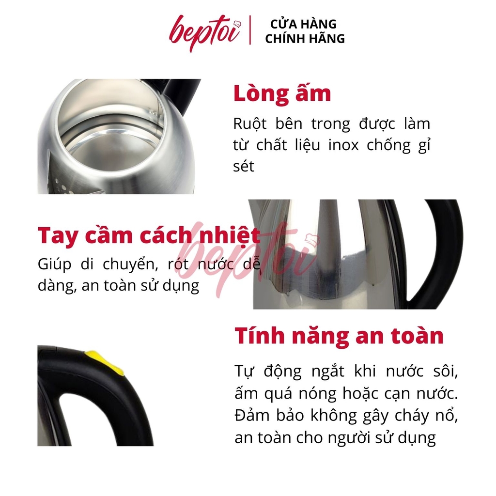 Bình đun siêu tốc, ấm siêu tốc bền đẹp, nấu nước an toàn, thân ấm inox dung tích 2 lít Osako OSA-206