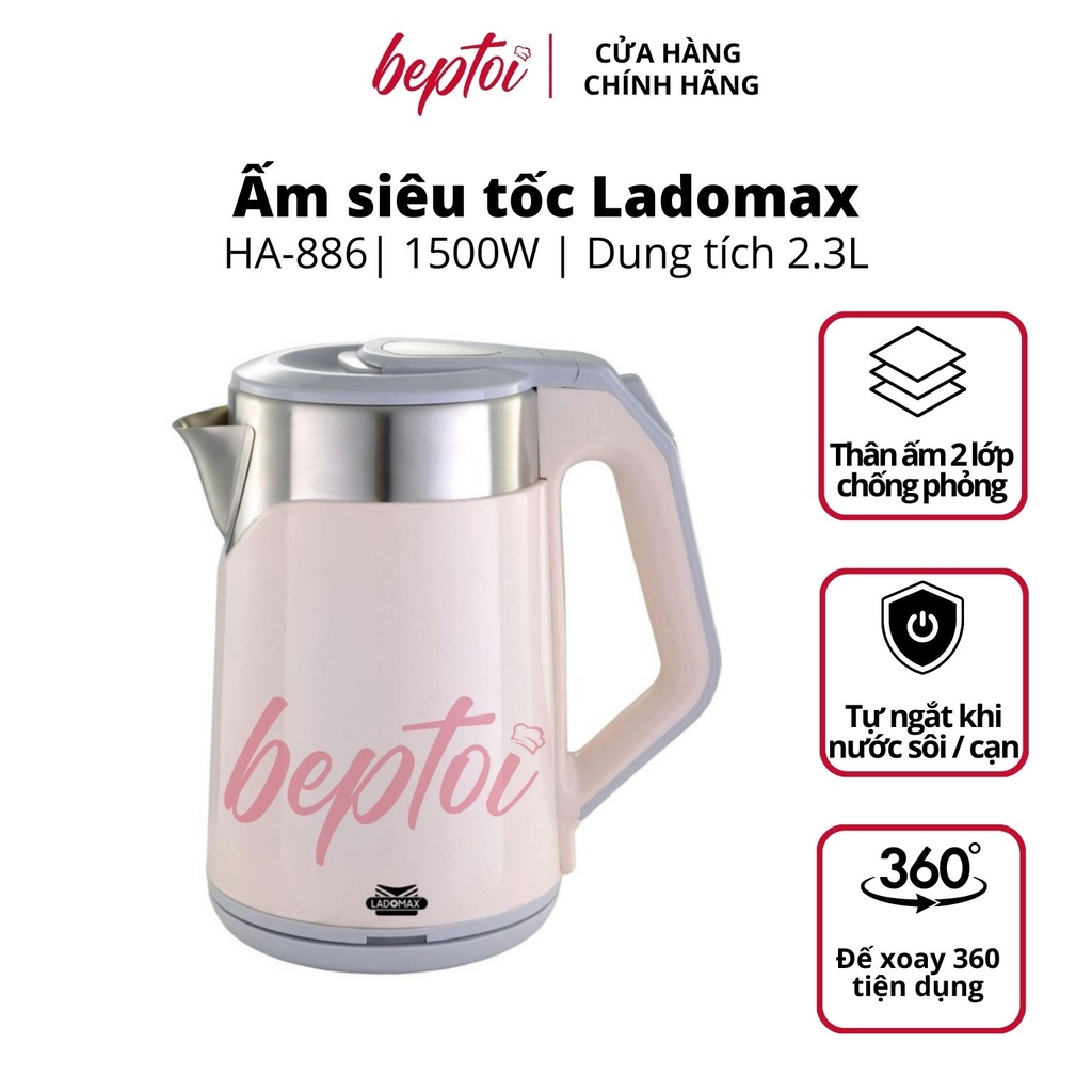 Bình đun siêu tốc, ấm siêu tốc Inox 2 lớp chống phỏng đun nước siêu nhanh Ladomax HA-886 2.3L