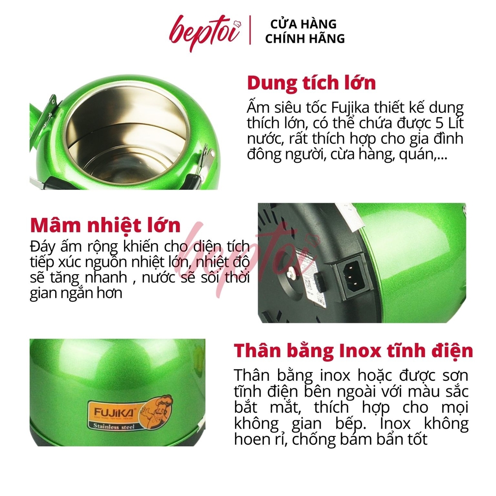 Ấm siêu tốc bền đẹp, bình đun siêu tốc nấu nước an toàn, thân ấm inox dung tích 5 lít Fujika FJ-SD45