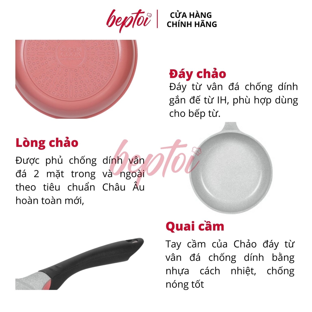 Chảo chống dính men đá ceramic đáy từ Green Cook GCP03-IHP màu hồng công nghệ 7 lớp chống dính Hàn Quốc