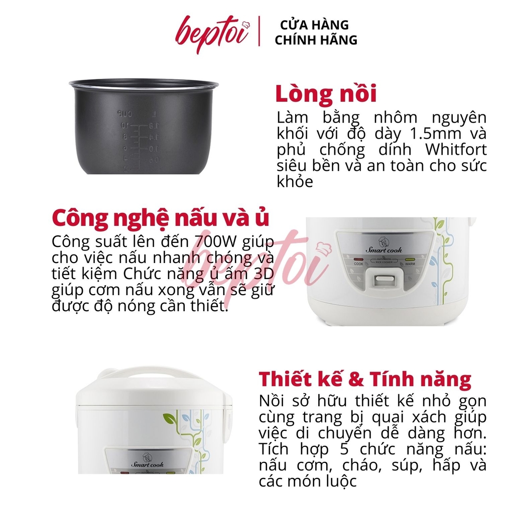 Nồi cơm điện cao cấp Smartcook 1.8L, nồi cơm điện nắp gài Smartcook RCS-1788