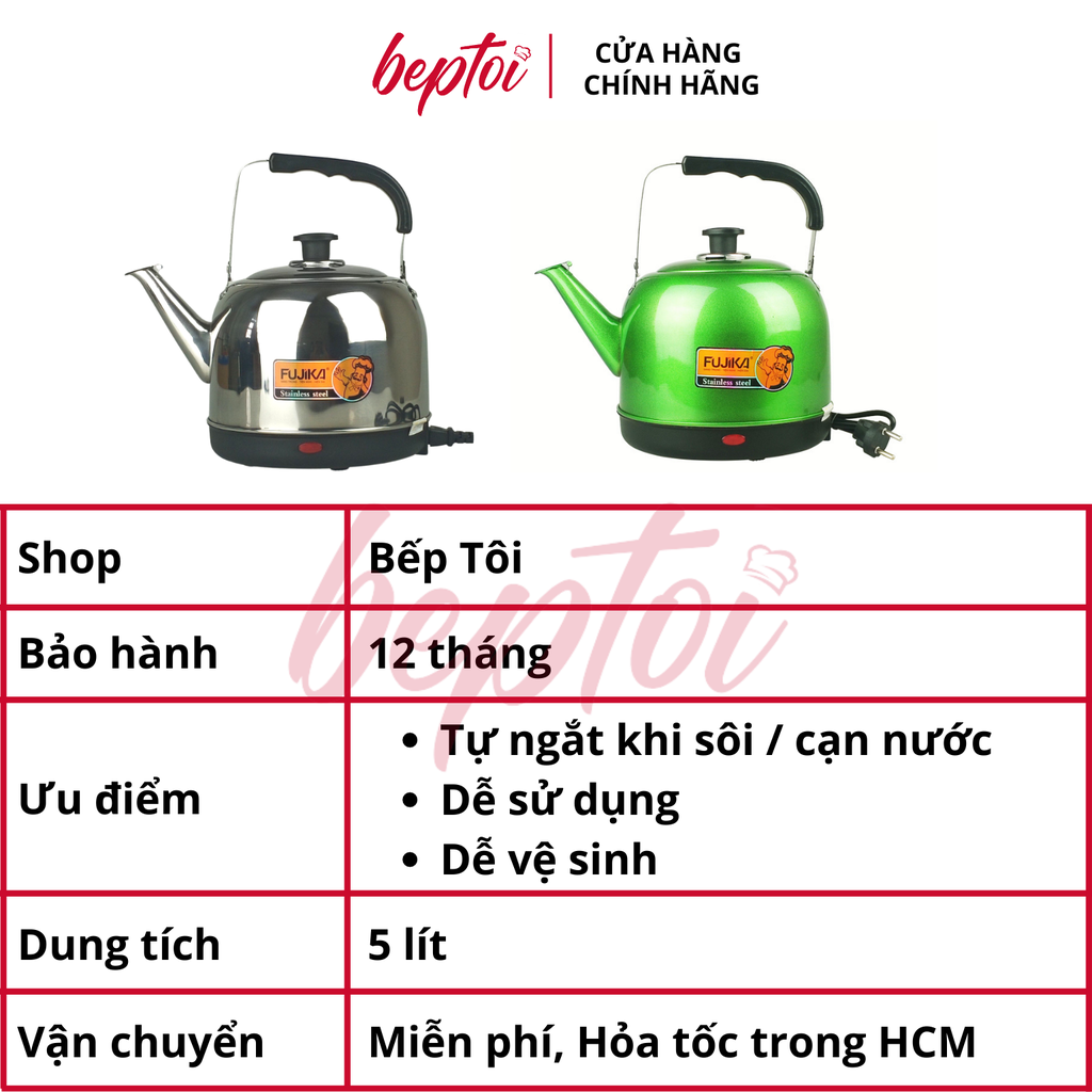 Bình đun siêu tốc 5 Lít, ấm siêu tốc Fujika FJ-SD50 bền đẹp, nấu nước an toàn, thân ấm inox