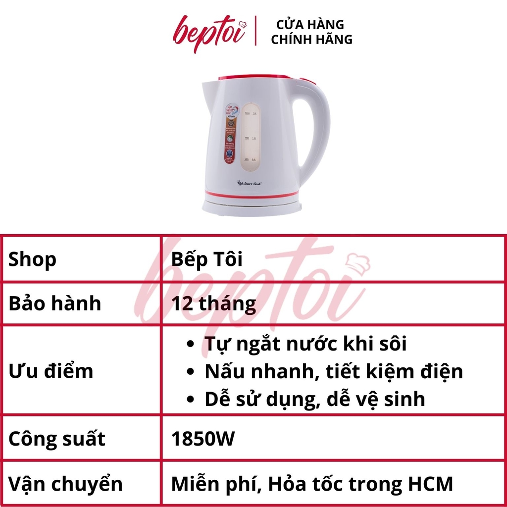 Bình đun siêu tốc, ấm siêu tốc bền đẹp, thân nhựa cao cấp, dung tích 1.8L Smartcook KES-0696