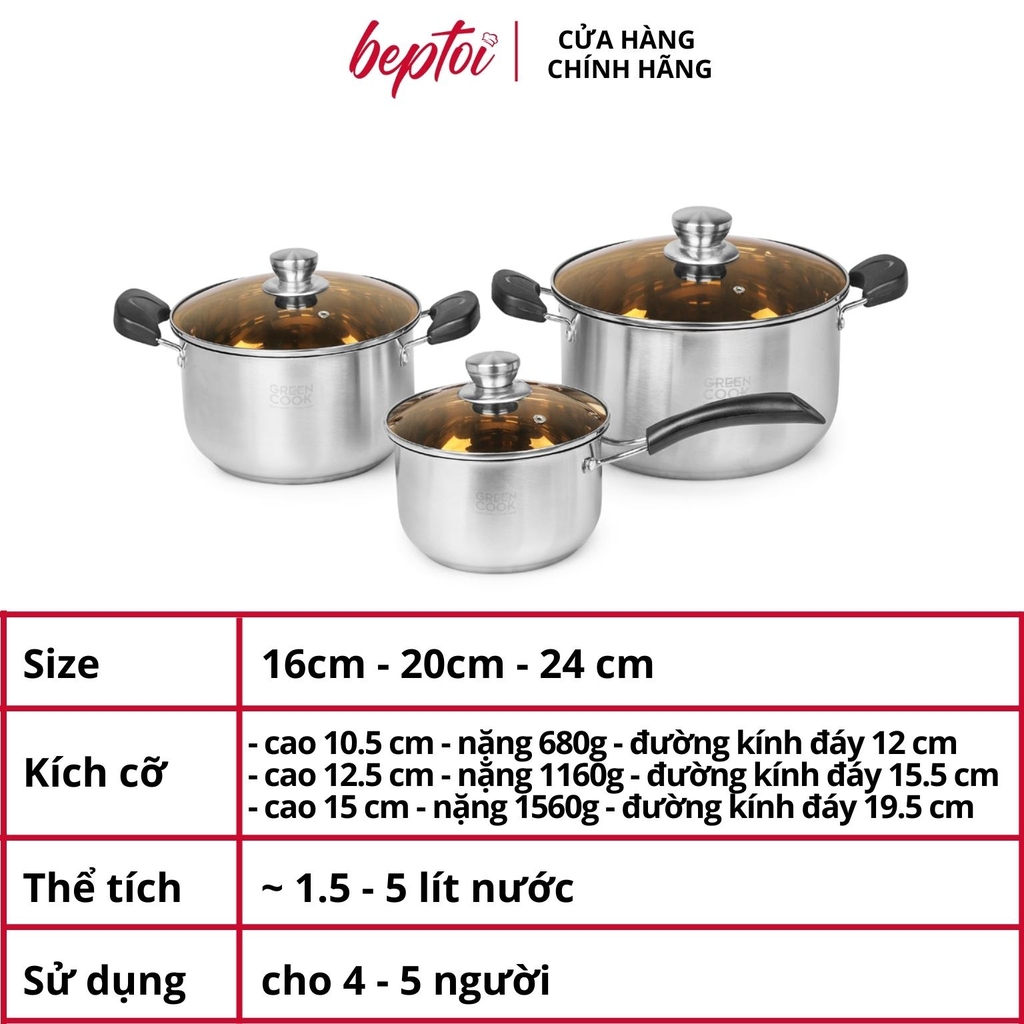 Bộ nồi bếp từ inox cao cấp 3 đáy, nồi chống dính bếp từ Green Cook GCS08-T1