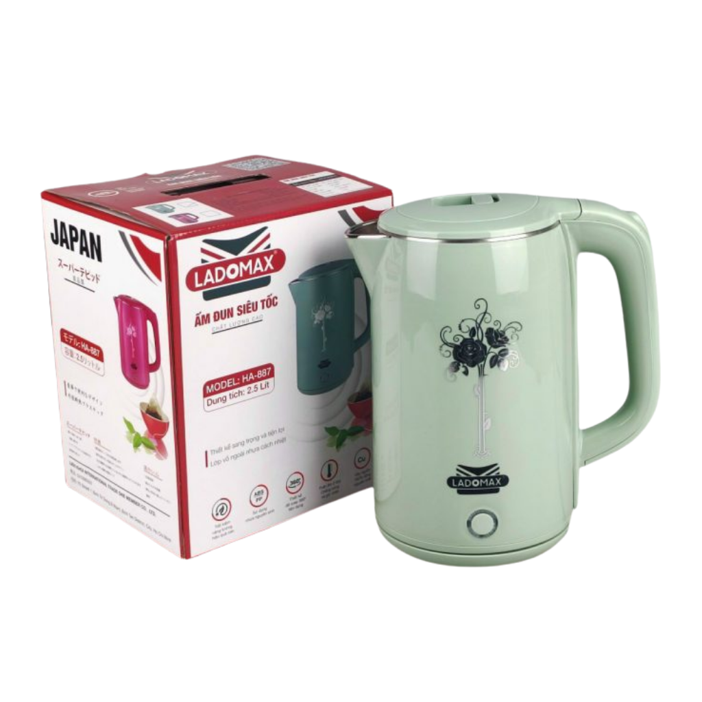 Bình đun siêu tốc, ấm siêu tốc đun nước siêu nhanh Inox 2 lớp chống phỏng Ladomax HA-887 2.5L