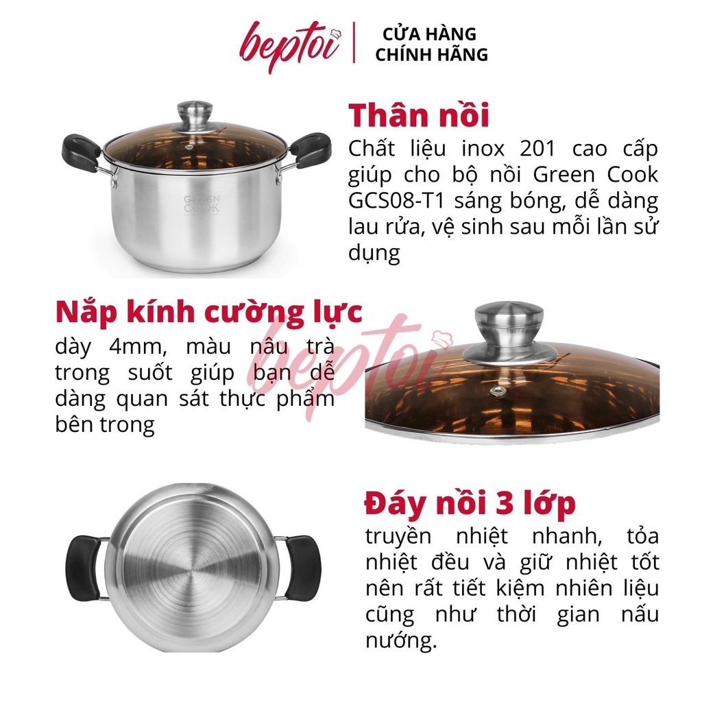 Bộ nồi bếp từ inox cao cấp 3 đáy, nồi chống dính bếp từ Green Cook GCS08-T1