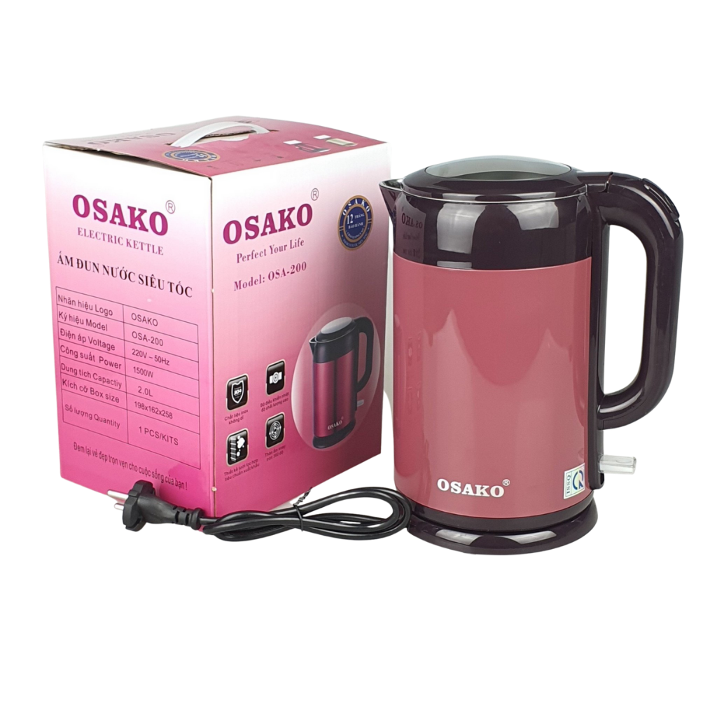 Bình đun siêu tốc, ấm siêu tốc đun nước siêu nhanh Inox 2 lớp chống phỏng Osako OSA-200 dung tích 2L