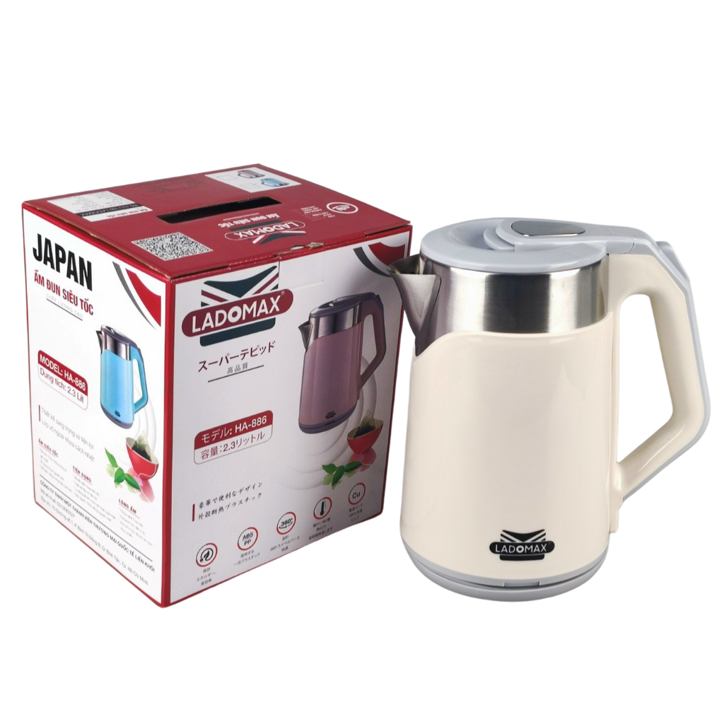 Bình đun siêu tốc, ấm siêu tốc Inox 2 lớp chống phỏng đun nước siêu nhanh Ladomax HA-886 2.3L