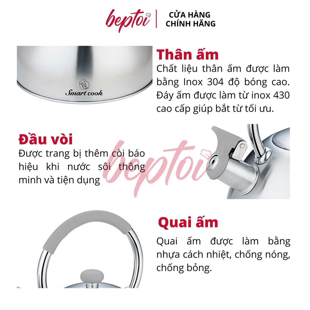 Bình đun nước, Ấm đun nước bằng inox cao cấp smartcook 2.5lít SM3328