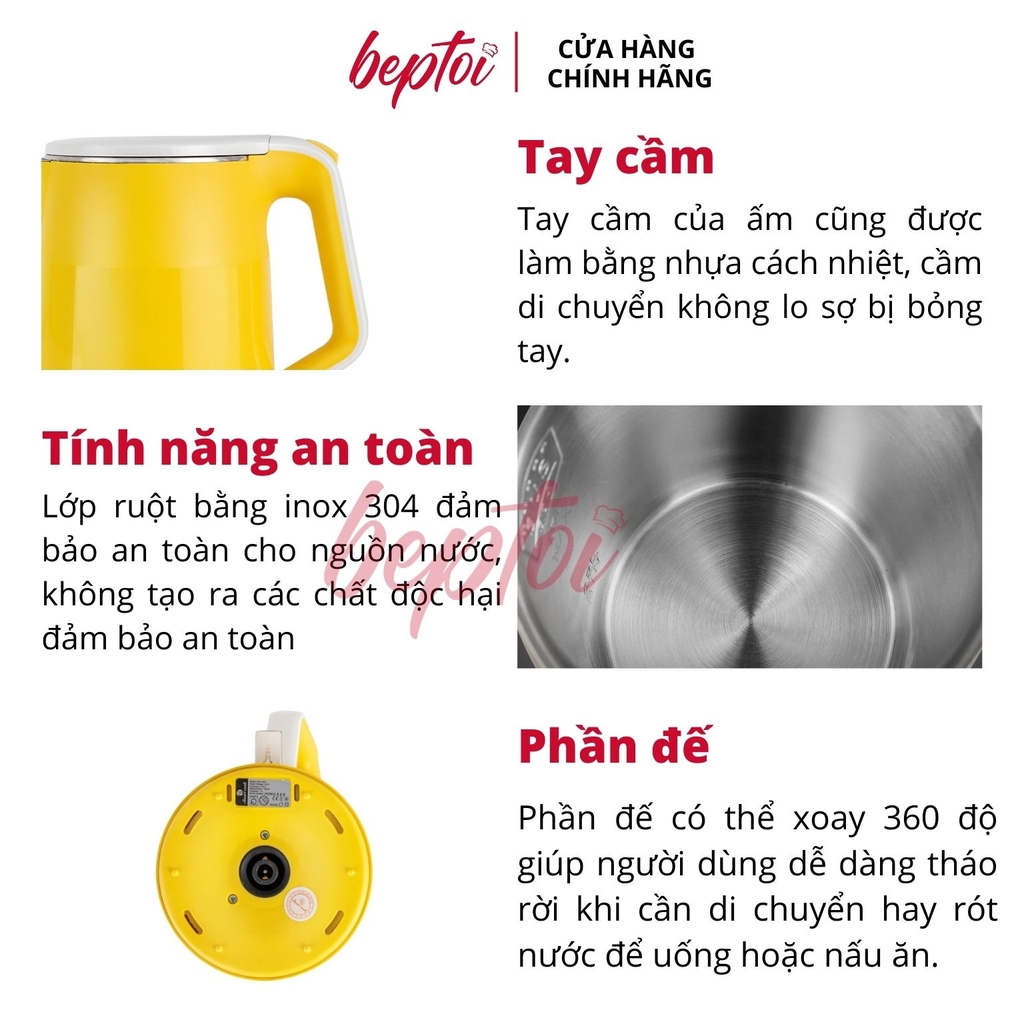 Bình đun siêu tốc, ấm siêu tốc đun nước siêu nhanh Inox 304 2 lớp chống phỏng Smartcook 1,5Lít KES-3867
