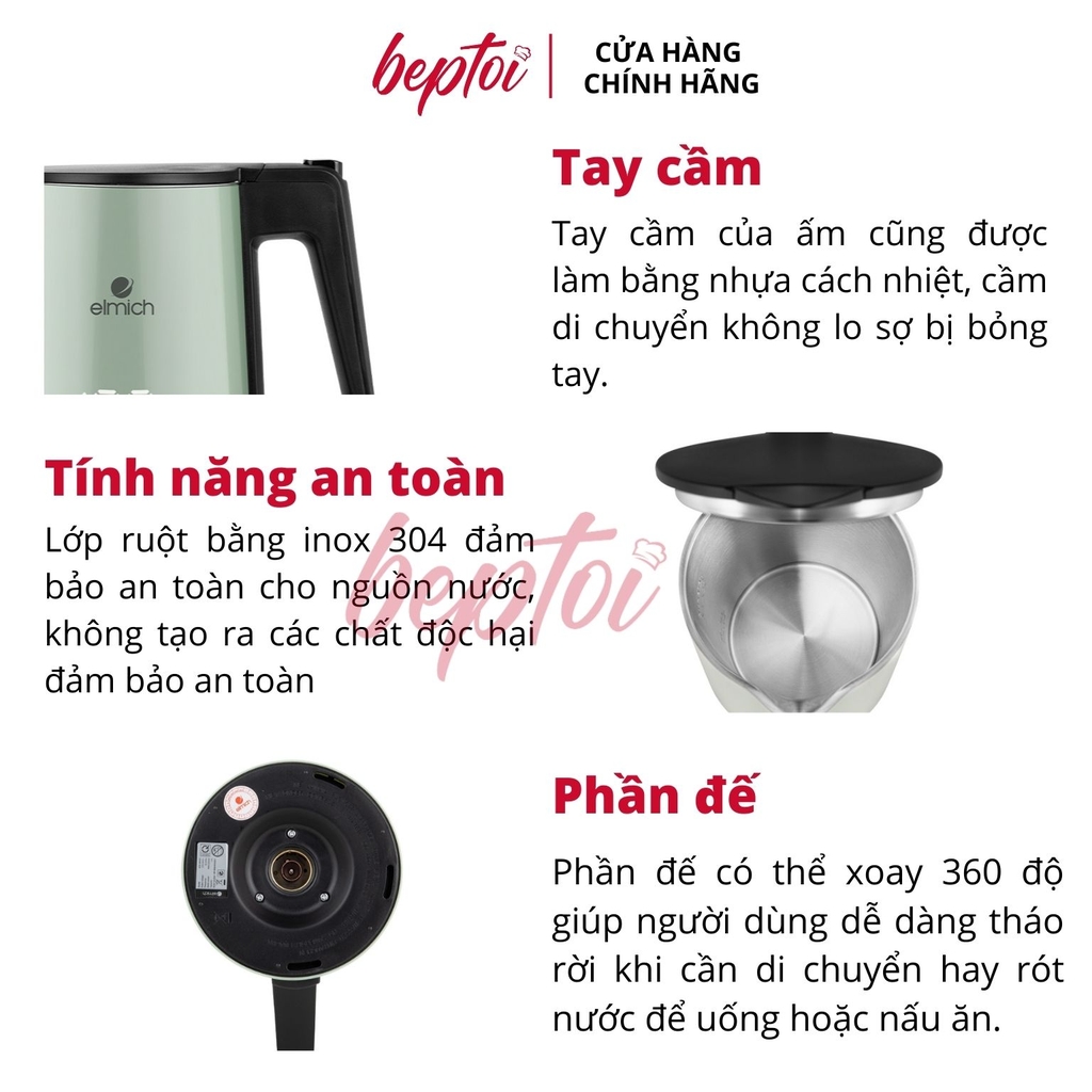 Bình đun siêu tốc, ấm siêu tốc đun nước siêu nhanh Inox 316 2 lớp chống phỏng Elmich 1,7Lít KEE-3856G