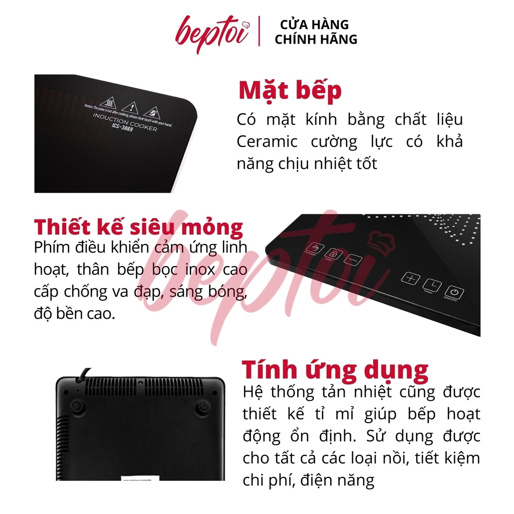 Bếp điện từ đơn công suất 2100W, bếp điện từ mini kính chịu lực siêu bền Smartcook ICS-3869