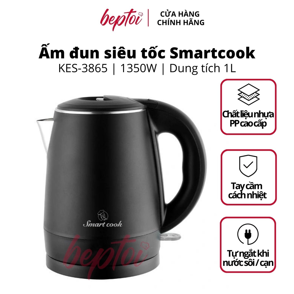 Ấm siêu tốc đun nước siêu nhanh Inox 304 2 lớp chống phỏng Smartcook 1Lít KES-3865