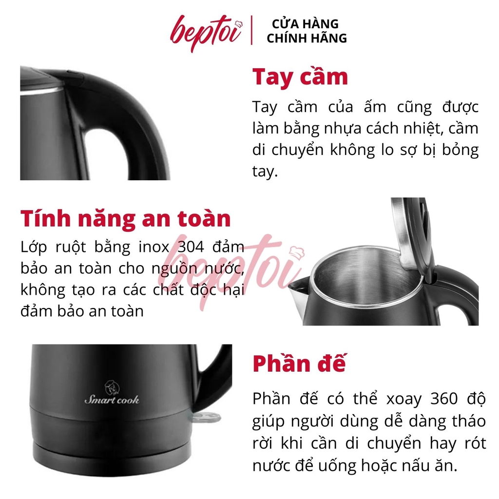 Ấm siêu tốc đun nước siêu nhanh Inox 304 2 lớp chống phỏng Smartcook 1Lít KES-3865