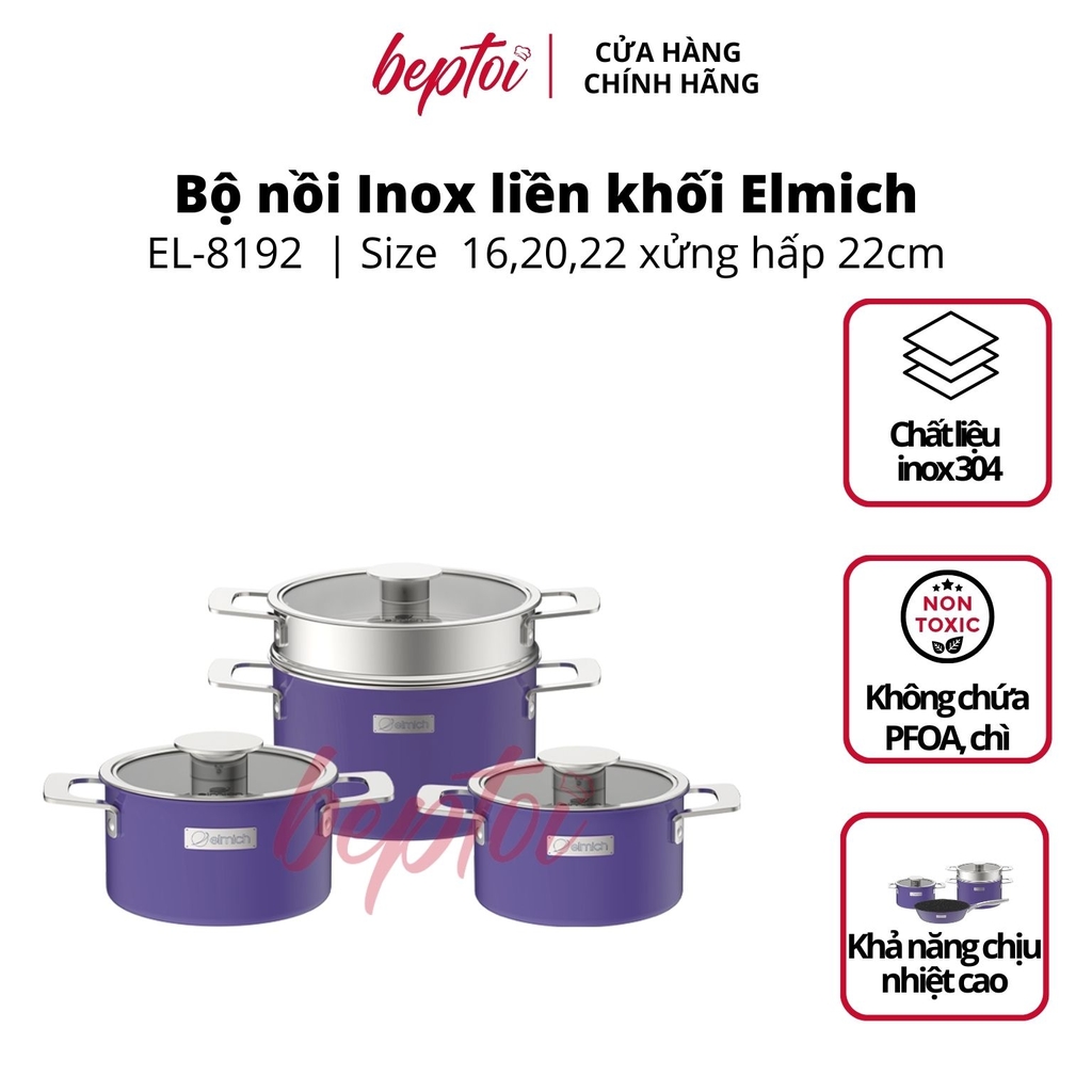 Nồi bếp từ Inox liền khối Elmich Hera size 16,20,22 xửng hấp 22cm