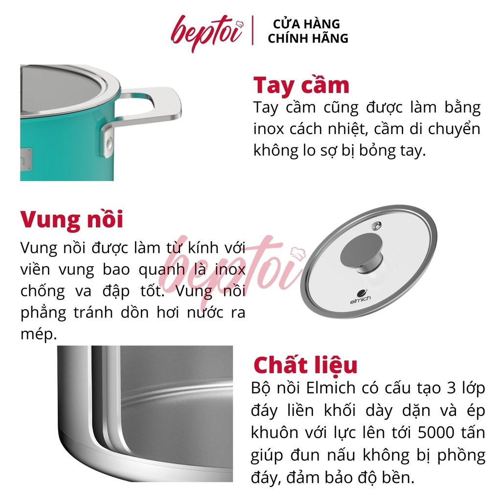 Bộ nồi bếp từ Inox liền khối Elmich Hera size 18, nồi hấp 22, chảo 26cm EL-8137