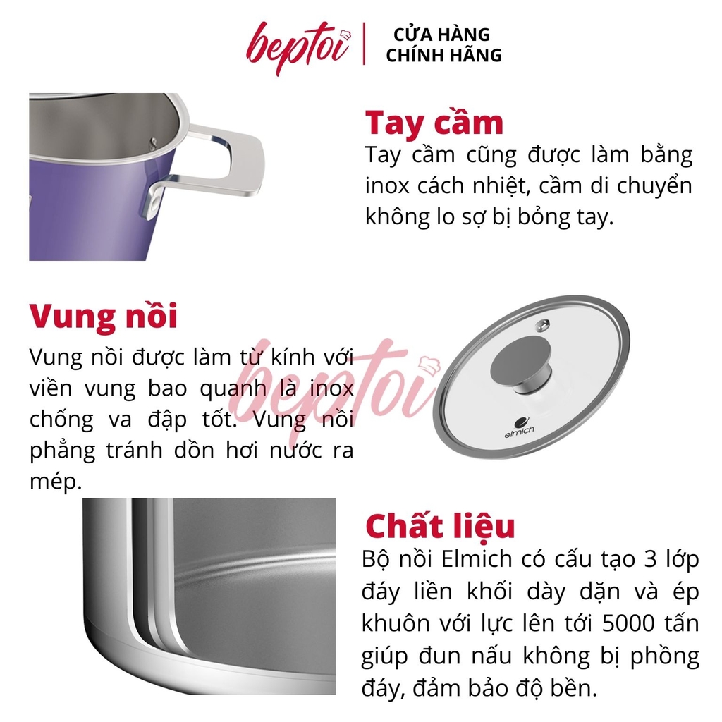Bộ nồi bếp từ Inox liền khối Elmich Hera size 18, nồi hấp22, chảo 26cm
