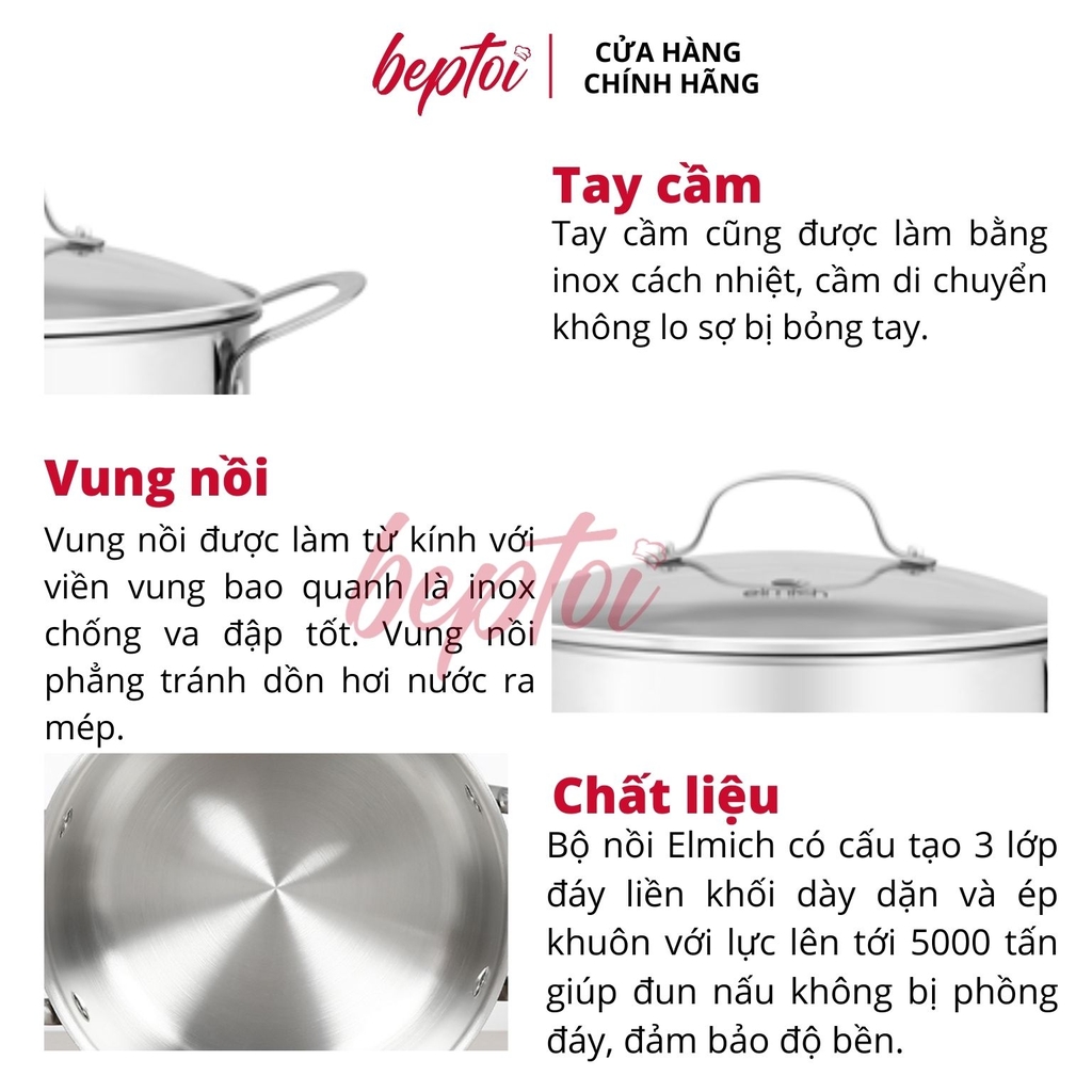 Nồi bếp từ inox 304 cao cấp 3 lớp đáy liền Trimax 3 chiếc size 16cm, 20cm, 24cm