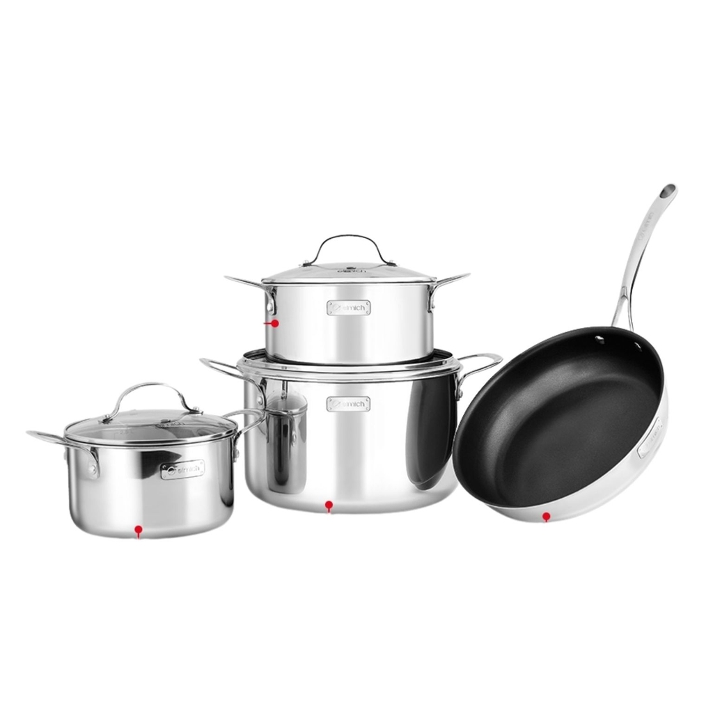 Nồi bếp từ chảo inox 304 cao cấp 3 lớp đáy liền Trimax 4 chiếc size 18cm, 20cm, 26cm và chảo 26cm